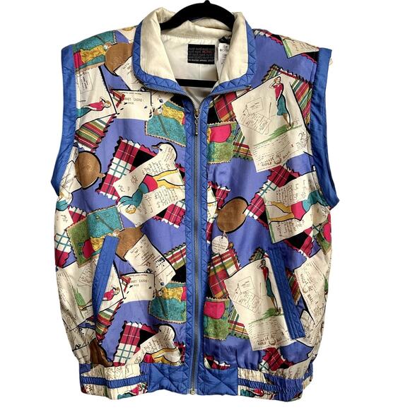 NWT Vintage 90s Silk Statement Bomber Convertible Vest Geometric Patchwork S - Picture 1 of 16